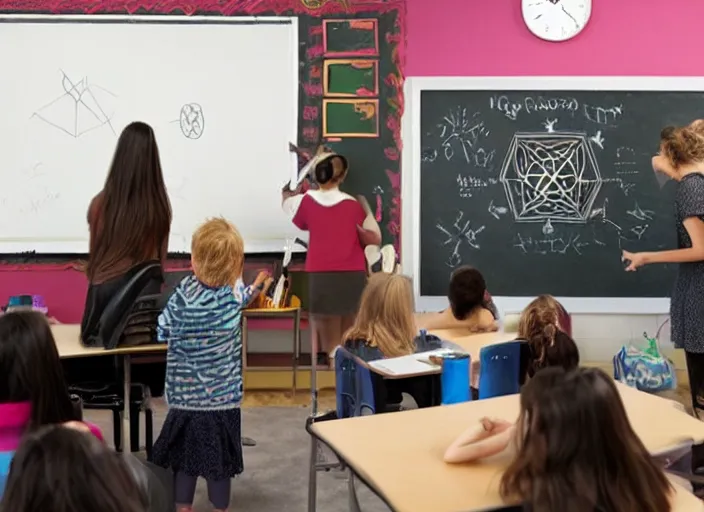 Image similar to a female teacher is writing on a chalkboard, not noticing that the kids in the front row are drawing pentagrams and summoning demons