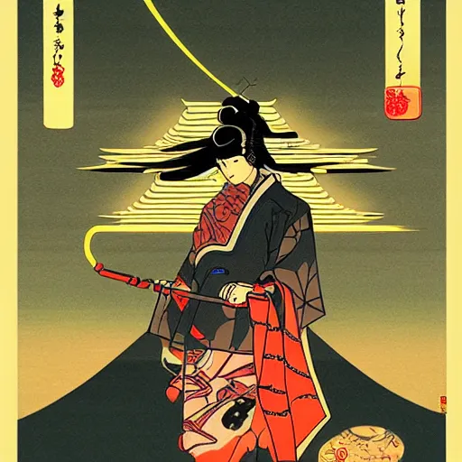 Image similar to digital cyber punk ukiyo-e painting, artstation