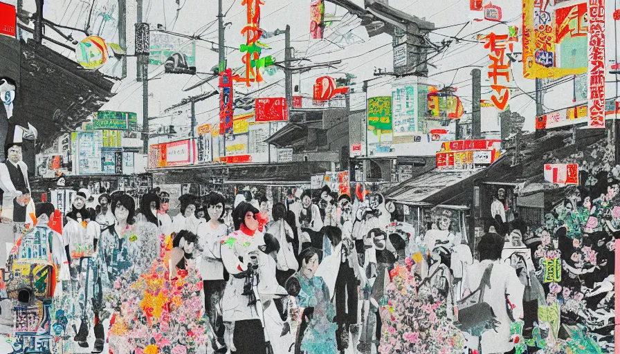 Prompt: Japan rural splendor rail travel and touring c2050, surrealist psychedelic photo-collage painting spot illustration in the style of Newsweek magazine, +81 magazine, minimalist clinical white negative space, clinical muted deep neon color, spot color and metallic inks clean slick design