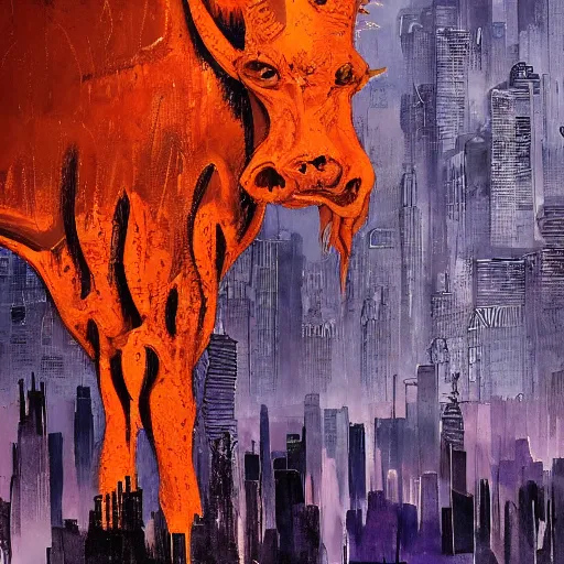 Prompt: by nathan wirth, by john berkey manmade cool violet, cow print. a beautiful installation art of a large, orange monster looming over a cityscape. the monster has several eyes & mouths, & its body is covered in spikes. it seems to be coming towards the viewer, who is looking up at it in fear.