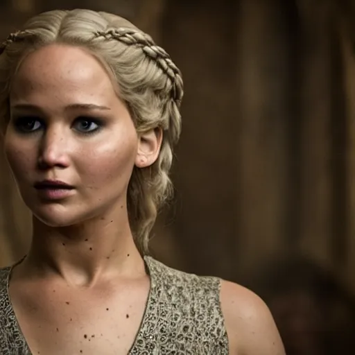 Prompt: first shot of jennifer lawrence in game of thrones, ( eos 5 ds r, iso 1 0 0, f / 8, 1 / 1 2 5, 8 4 mm, postprocessed, crisp face, facial features )