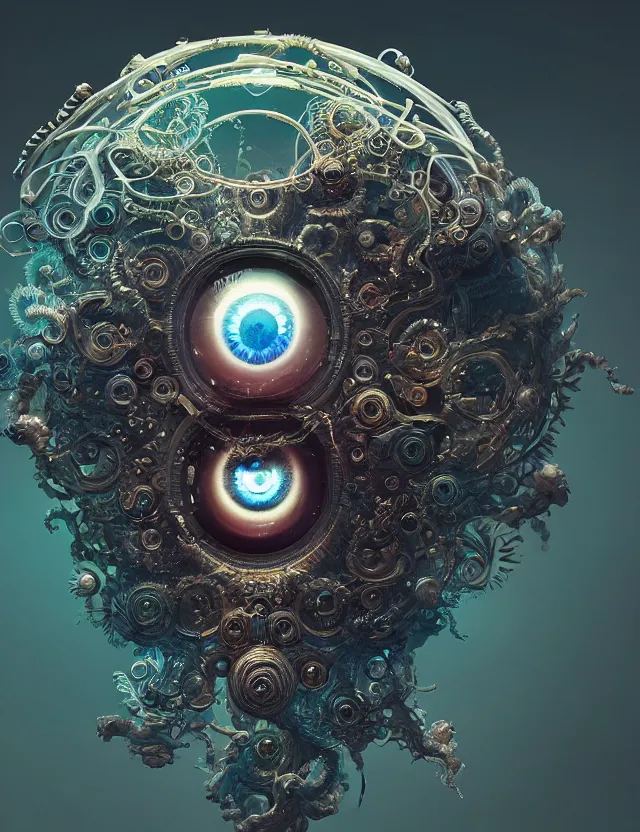 Image similar to eye of god macro close - up portrait with mask made of ram skull. betta fish, jellyfish phoenix, plasma, water, wind, creature, super intricate ornaments artwork by tooth wu and wlop and beeple and greg rutkowski