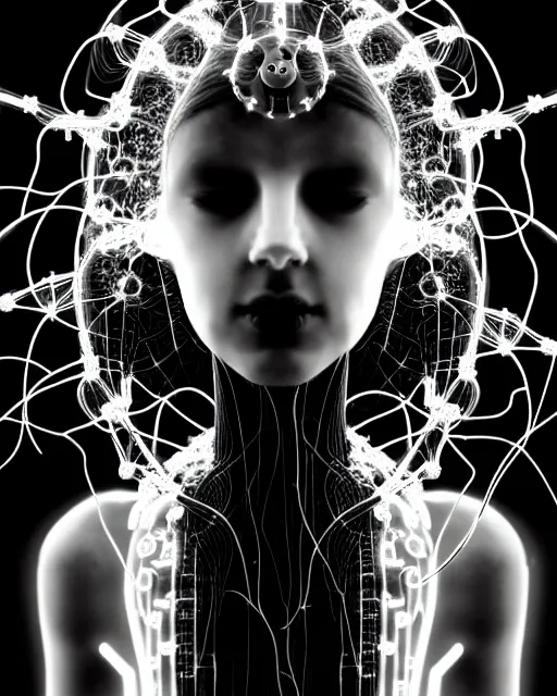 Image similar to black and white spiritual connected young female cyborg - plant goddess high quality photo, microchip, artificial intelligence, bio - mechanical bio - luminescence, black wired cables, neurons, nerve cells, cinematic, rim light, photo - realistic, elegant, high detail, 8 k, masterpiece, high fashion