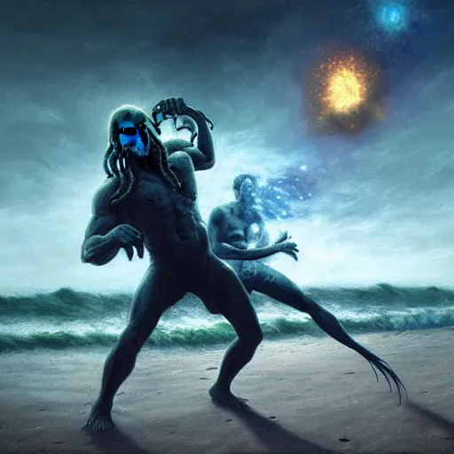 Prompt: UHD photorealistic Cthulhu fighting Cosmic Chuck Norris on the beach, in the style of tonalism by Greg Rutkowski