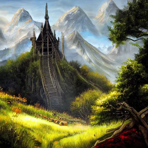 Image similar to painting lord of the rings idyllic landscape, forrest, tower