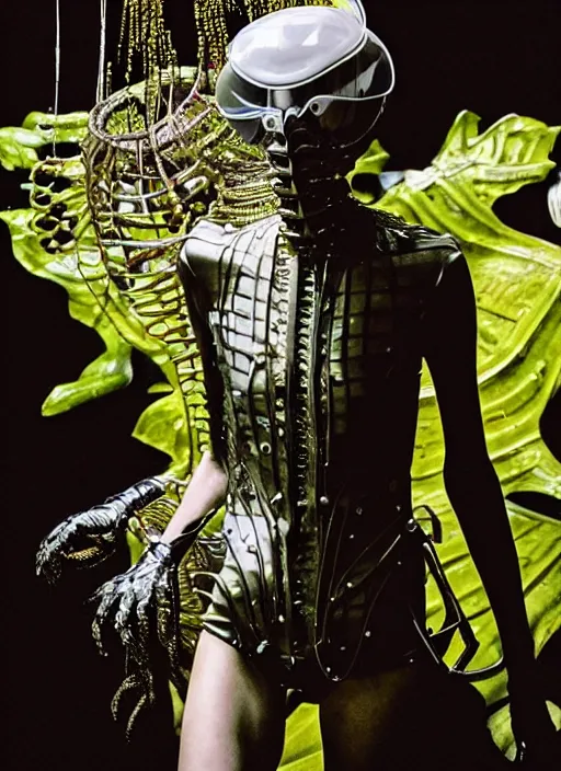 Image similar to walking down the catwalk, steven klein, show, stage, vogue photo, podium, fashion show photo, iris van herpen, beautiful woman, full body shot, helmet on face, masterpiece, plant predator, guyver, jellyfish, biomechanical details, movie still, fauvism, cinestill, bokeh, gelios lens