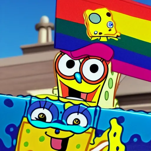 Image similar to spongebob in a pride parade caught on iPhone camera