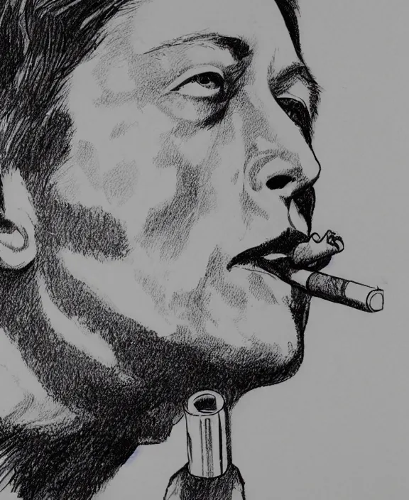 Prompt: a detailed fineliner drawing of elon musk smoking a joint