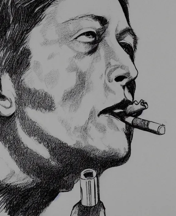 Image similar to a detailed fineliner drawing of elon musk smoking a joint