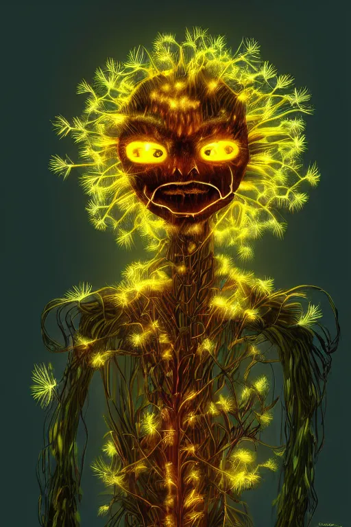 Image similar to a humanoid figure glowing dandelion plant monster, amber eyes, highly detailed, digital art, sharp focus, ambient lighting, autumn, trending on art station, anime art style