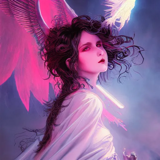 Image similar to young vampire princess with burning wings 4 k high definition colorful pink and black dramatic lighting artstation trending path traced contrast light and dark cinematic breathtaking by gustave dore, noriyoshi ohrai, patrick woodroffe, and hans zatzka