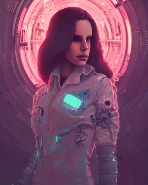 Image similar to portrait of lana del rey as a cyberpunk cyborg. roses, sci - fi, missing panels, intricate abstract, upper body, intricate artwork, by tooth wu, wlop, beeple, dan mumford. concept art, 8 k octane render, deviantart, greg rutkowski, cinematic, key art, hyperrealism, iridescent accents