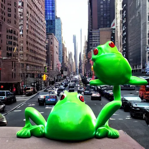 Image similar to giant frog standing over new york city