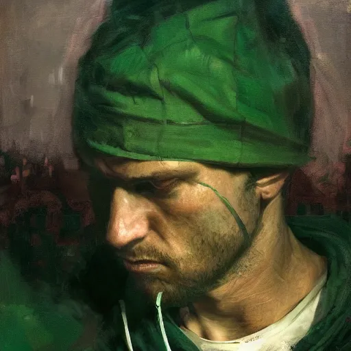 Image similar to portrait of a lost chad programmer with green hood by jeremy mann, dramatic lighting, close up