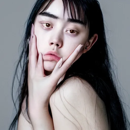 Image similar to a masterpiece portrait photo of a beautiful young woman who looks like a korean billie eilish, symmetrical face