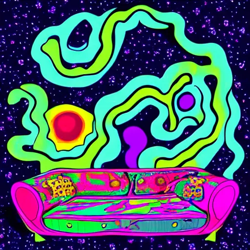 Image similar to psychedelic trippy couch in space, planets, milky way, sofa, cartoon