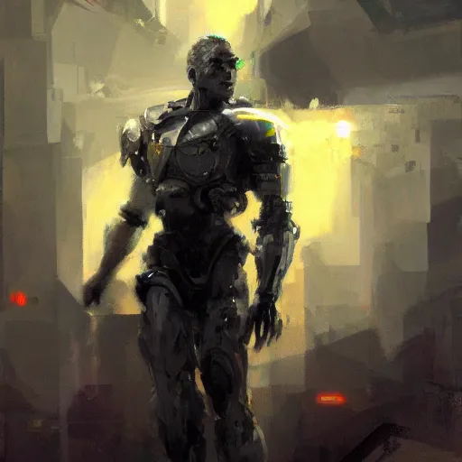 Prompt: heroic (man) cyborg, sci fi portrait by craig mullins