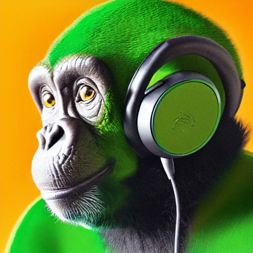 Image similar to a high quality photo of a green chimp wearing headphones, realism, 8k