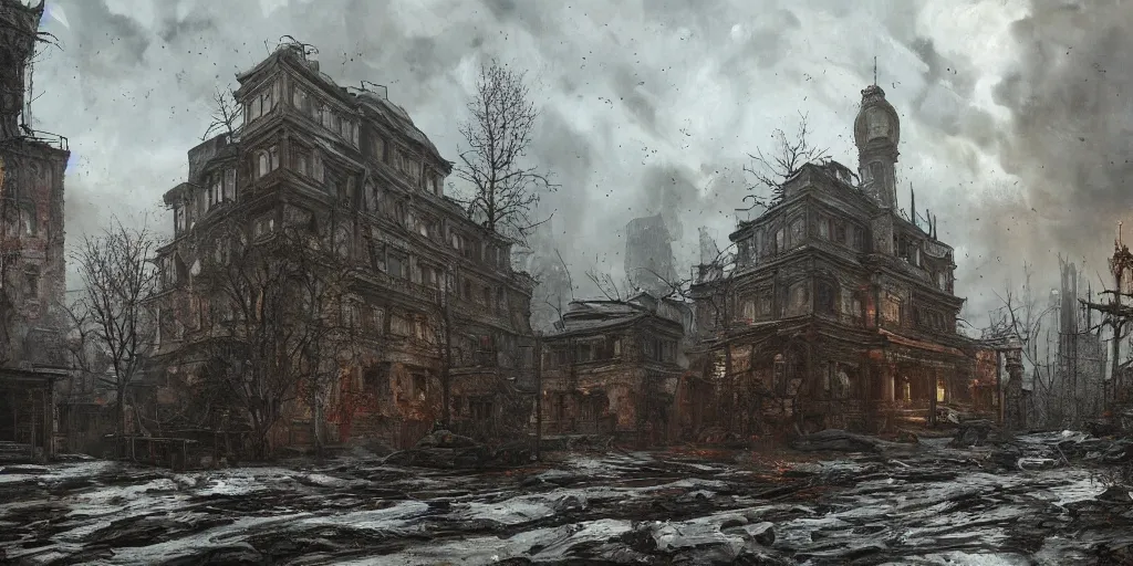 Prompt: A building made out of flesh as concept art for Metro Exodus, raining blood, flesh buildings, oil painting, painting by Viktor Vasnetsov, concept art, dark cityscape, brutalist architecture, painting by Ivan Shishkin and Alphonse Mucha, hyperborea, high resolution, trending on artstation,