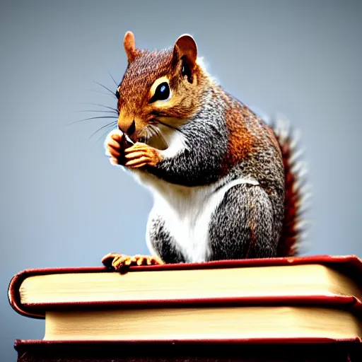 Image similar to photo - realistic picture of a squirrel holding a pen on top of a stack of books