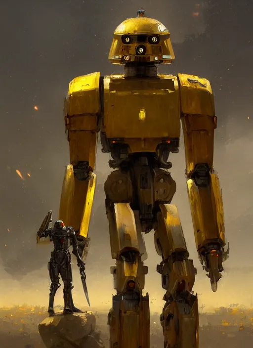 Image similar to human-sized strong intricate yellow pit droid carrying paladin medieval greatsword, pancake short large head painterly humanoid mecha, by Greg Rutkowski