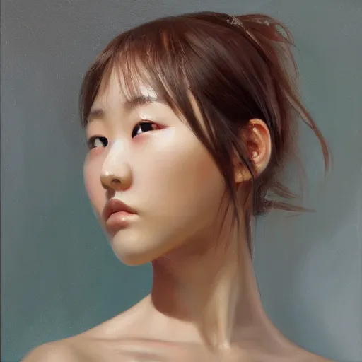 Image similar to perfect, realistic oil painting of close-up japanese girl face, by Sakimichan, by an American professional senior artist, Hollywood concept, dynamic composition and motion, postproduction.