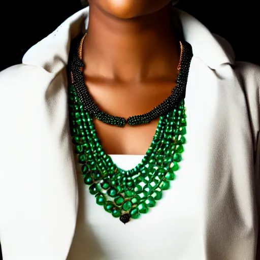 Image similar to portrait of a beautiful black woman wearing a gold and jade necklace of intricate design