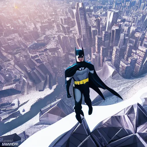 Image similar to batman standing on top of a snowy mountain top and looking down on a futuristic city, 4 k