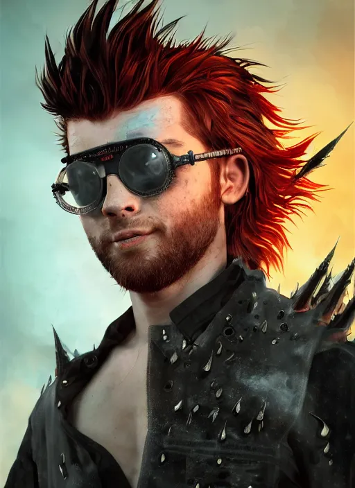 Image similar to An epic fantasy comic book style portrait painting of young man with red spiked long hair, using googles. Wearing a black waistcoat, white shirt. Fire on his hands. Unreal 5, DAZ, hyperrealistic, octane render, cosplay, RPG portrait, dynamic lighting