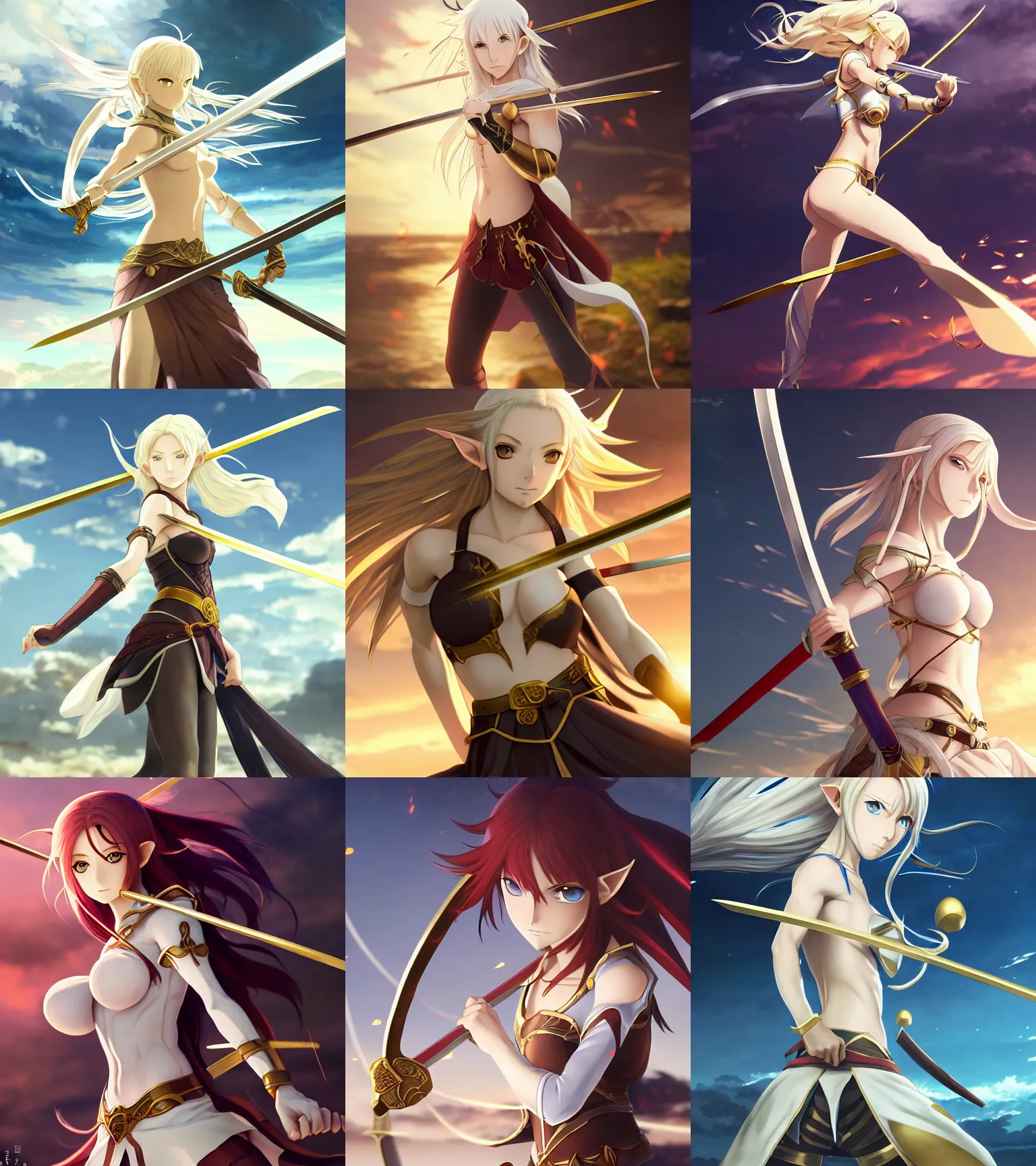 Prompt: renaissance anime brave elf girl with white skin, strong pose, stunning face, katana in hand, golden hair blowing the wind, strong pose, trending art, dynamic photography, centered, fate zero, extremely high detailed, bokeh color background, studio ghibly makoto shinkai yuji yamaguchi, wlop