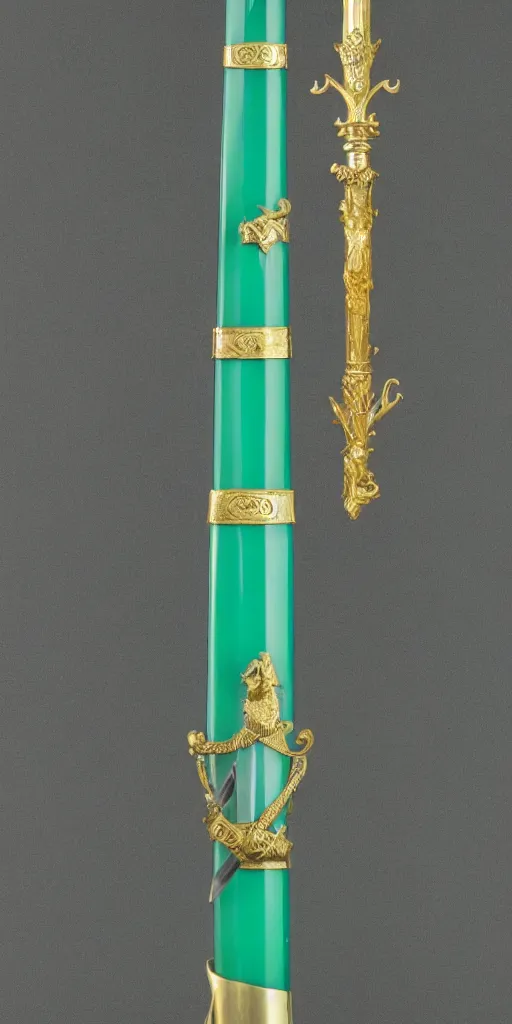 Image similar to photograph of a large green and teal crystal sword with a gold sword hilt