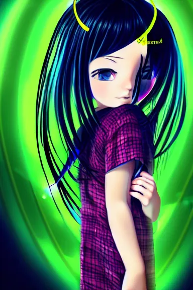 Image similar to mysterious girl child with her long black hair dressed in a chequered robe anime art style, big green diamond on her hand, digital art, hd, 4 k, hyper detailed