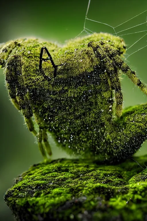 Image similar to a spider made of moss, dewdrops, macro, dramatic lighting, cinematic, establishing shot, extremely high detail, foto realistic, cinematic lighting, post processed, concept art, high details, cinematic, 8k resolution, beautiful detailed, photorealistic, digital painting, artstation, concept art, smooth, sharp focus, artstation trending, octane render, unreal engine