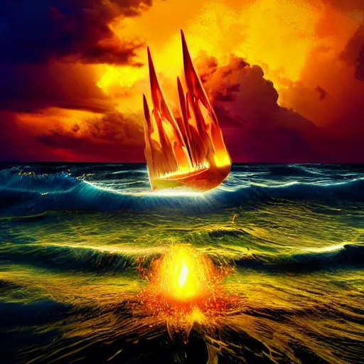 Prompt: burning ocean, storm, dramatic sky, waves, flame, small sail ship, hyperrealistic, highly detailed, fractal,