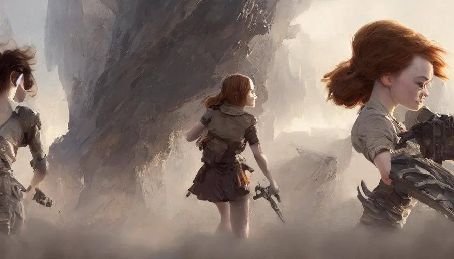 Image similar to a highly detailed epic cinematic concept art CG render digital painting artwork: Emma Stone and Sadie Sink back to back in an action scene. By Greg Rutkowski, Ilya Kuvshinov, WLOP, Stanley Artgerm Lau, Ruan Jia and Fenghua Zhong, trending on ArtStation, subtle muted cinematic colors, made in Maya, Blender and Photoshop, octane render, excellent composition, cinematic atmosphere, dynamic dramatic cinematic lighting, precise correct anatomy, aesthetic, very inspirational, arthouse