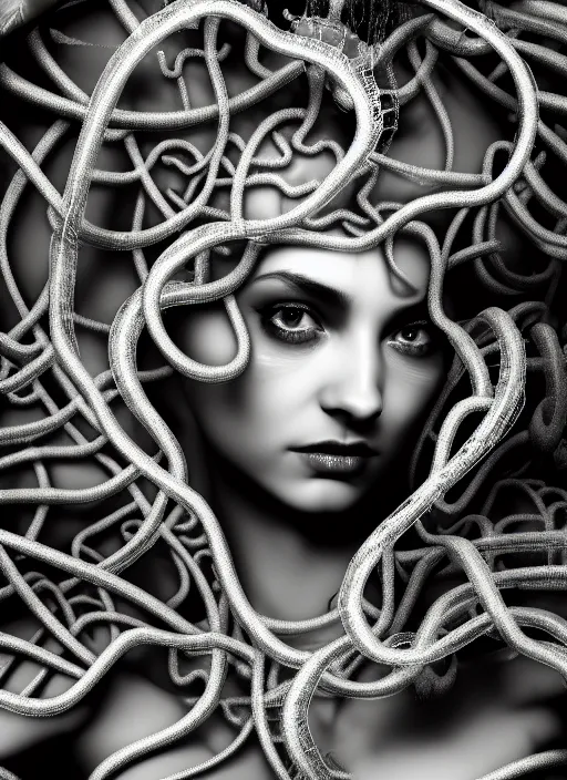 Image similar to surreal mythical dreamy dark artistic black and white fine art photo of a beautiful young female medusa - cyborg covered with translucent algae, highly detailed, intricate crystal ivy jelly fish scales ornate, lace web, poetic, octane render, 8 k, photo - realistic, by man ray