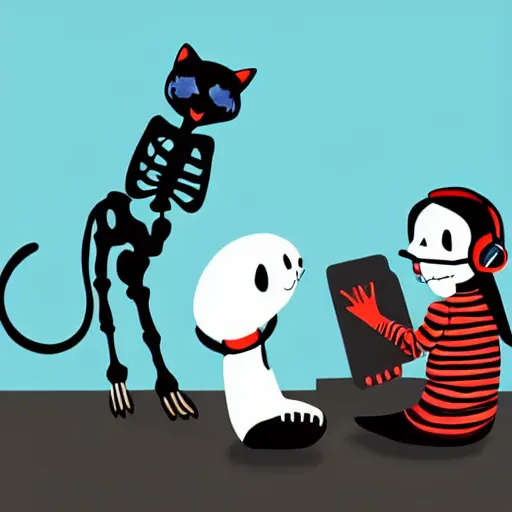 Image similar to skeleton wearing headphones watching girl playing guitar with her black cat standing next to her, digital art