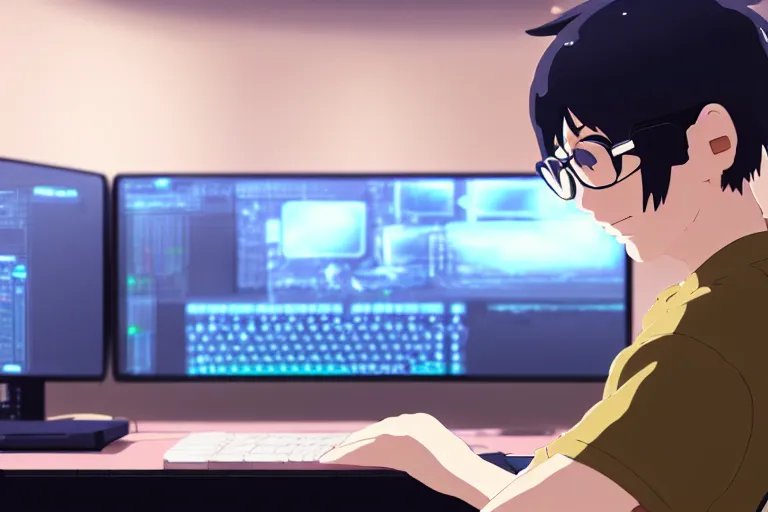 Image similar to a nerdy boy is programming at a computer in a room full of gadgets, by makoto shinkai and ghibli studio, highly detailed, incredible quality, trending on artstation