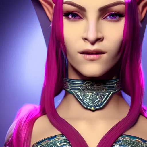 Prompt: portrait of a beautiful female high elf with tan skin, magenta eyes, dark hair. 3 d octane render trending on art station 8 k