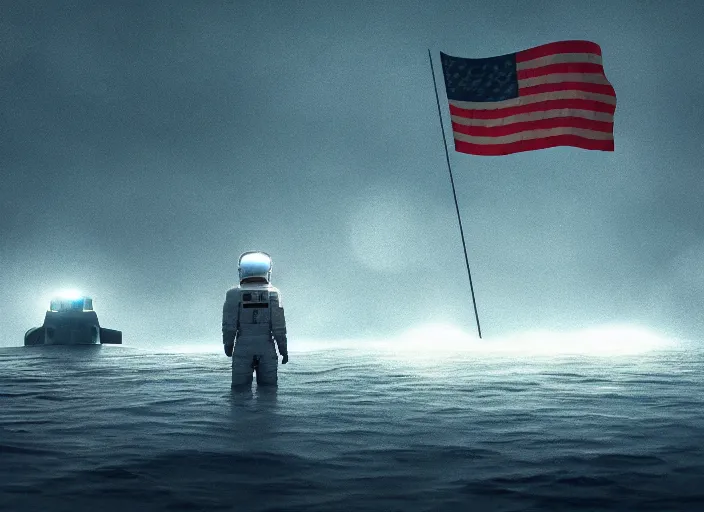 Image similar to astronaut holding a flag in an underwater desert. a submarine is visible in the distance. dark, concept art, cinematic, dramatic, atmospheric, 8 k, trending on artstation, blue, fish, low visibility, fog, ocean floor, christopher nolan, interstellar