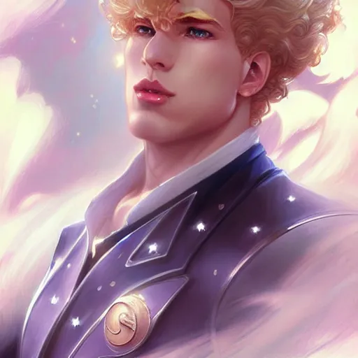 Prompt: hyper masculine buff Sailor Moon as a male, pale skin curly blond hair, fantasy, intricate, elegant, highly detailed, digital painting, artstation, concept art, matte, sharp focus, illustration, art by Artgerm and Greg Rutkowski and Alphonse Mucha