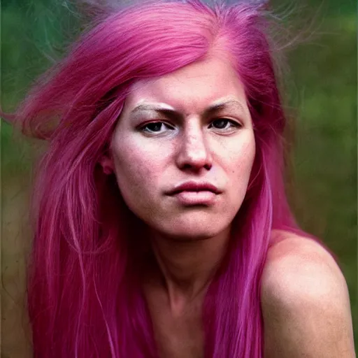 Image similar to a beautiful woman with pink hair and fair skin, portrait photograph, nikon 3 5 mm, photograph by annie leibovitz and steve mccurry,