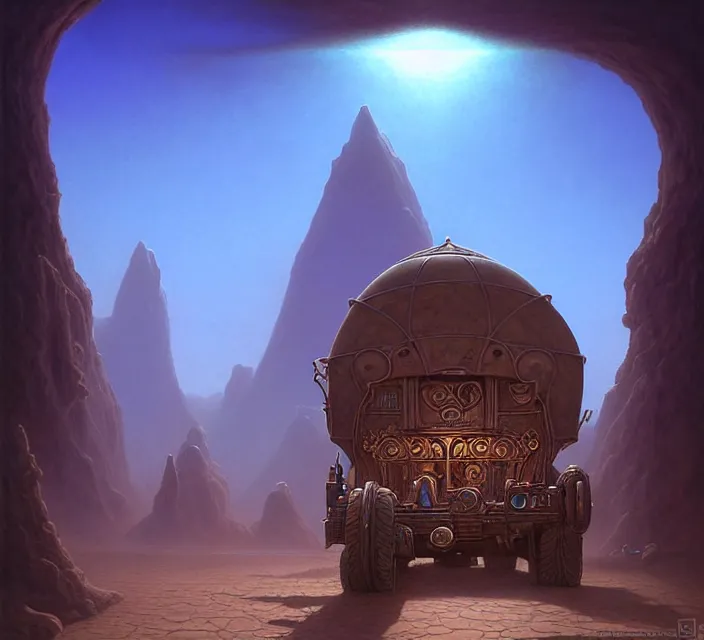 Image similar to subsurface scattering, a desert caravan rests at the blue oasis, the art of athas and dark sun, brom's dark sun art on a 7 0's style fantasy novel cover, digital painting by brom, amazingly detailed d & d art, concept art, intricate details, beautiful, volumetric lighting, ultrarealistic, cgsociety, square enix cinematic art