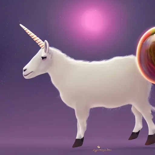 Prompt: a goat travelling on a bubble that looks like a unicorns back, mystical fantasy, concept art