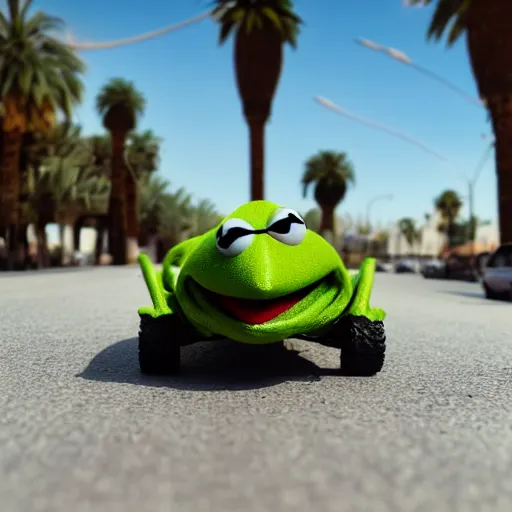 Prompt: close up photo of a kermit the frog driving a mercedes in marrakech, morocco, palm trees, 8 k, octane render, hyperdetailed, illustration, oil painting