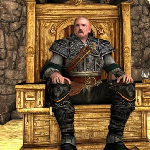 Image similar to Alexander Lukashenko as a Jarl in The Elder Scrolls V: Skyrim sitting on his throne