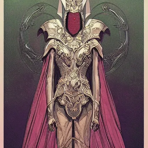 Prompt: beautiful portrait of the masked queen, phyrexian god, beautiful futuristic cape, elegant, ornamental armor, intricate, in the style of moebius