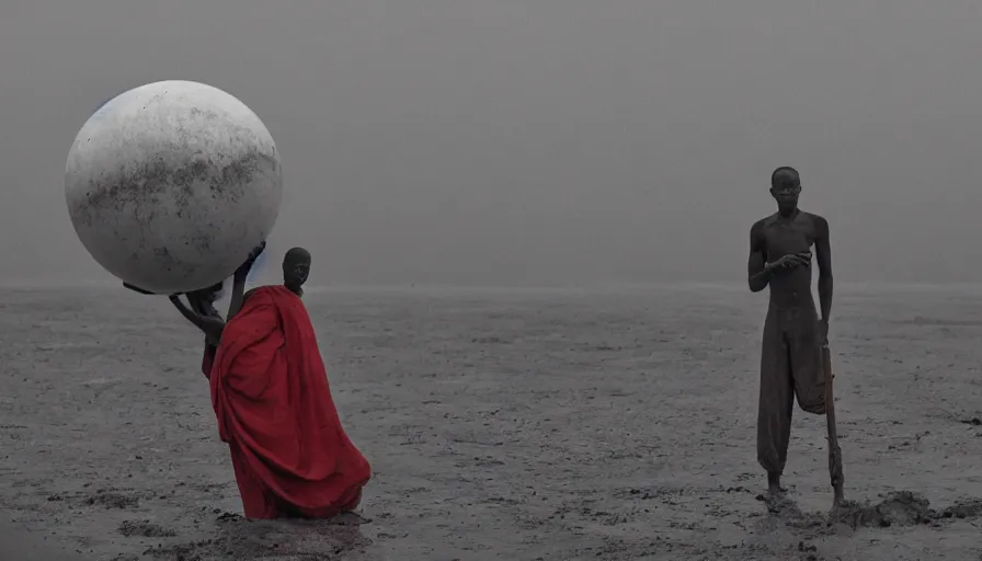 Prompt: movie still by ousmane sembene of a man in red drapery in a blood barque on a river next to a neoclassical spherical city in the desert, leica sl 2 5 0 mm, heavy grain, high quality, high detail, foggy, mud