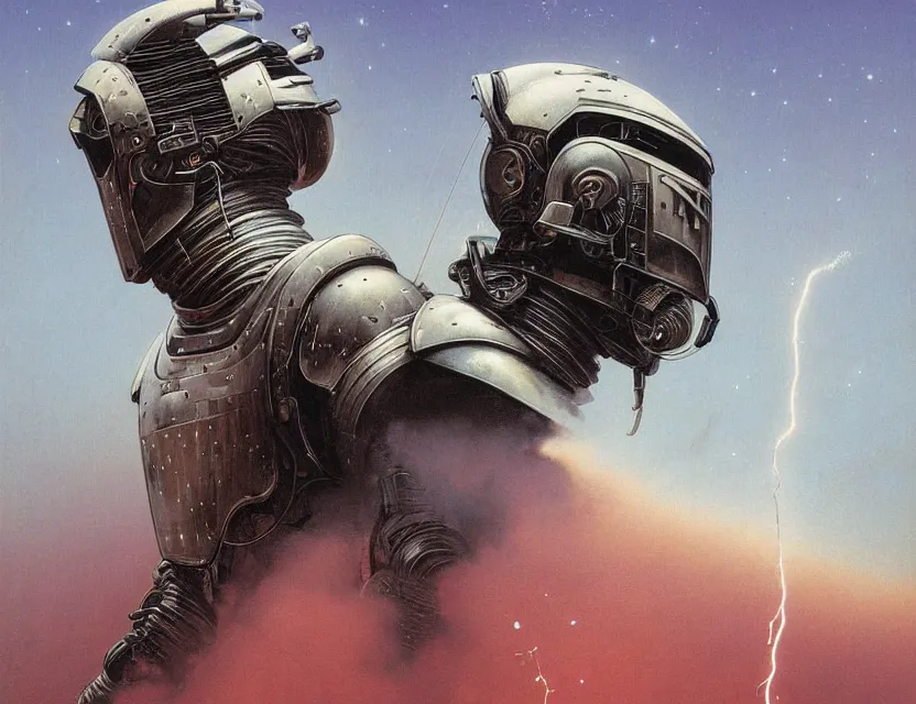 Image similar to a detailed portrait painting of a bounty hunter in combat armour and visor. cinematic sci-fi poster. Flight suit and wires, accurate anatomy. Samurai influence, knight influence. fencing armour. portrait symmetrical and science fiction theme with lightning, aurora lighting. clouds and stars. Futurism by moebius beksinski carl spitzweg moebius and tuomas korpi. baroque elements. baroque element. intricate artwork by caravaggio. Oil painting. Trending on artstation. 8k