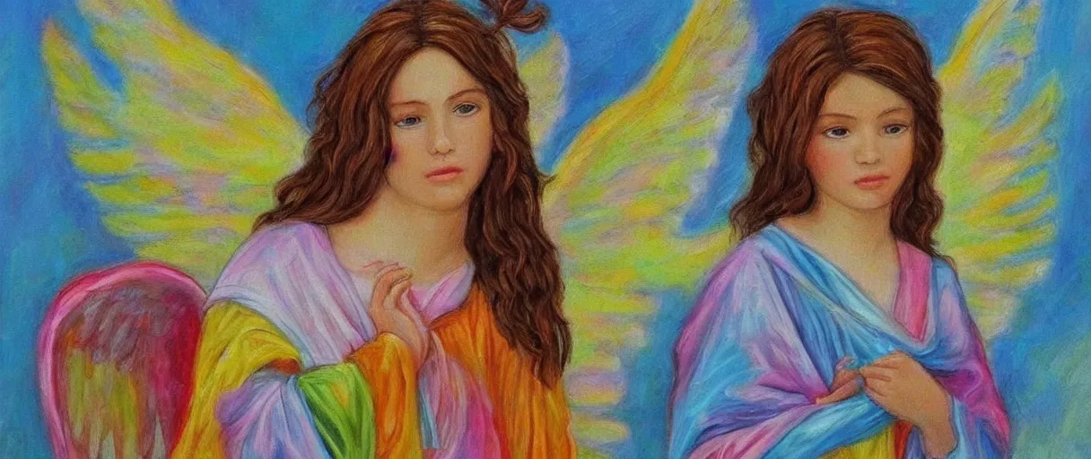 Image similar to biblically accurate angel, painting, artistic, angelic, colorful